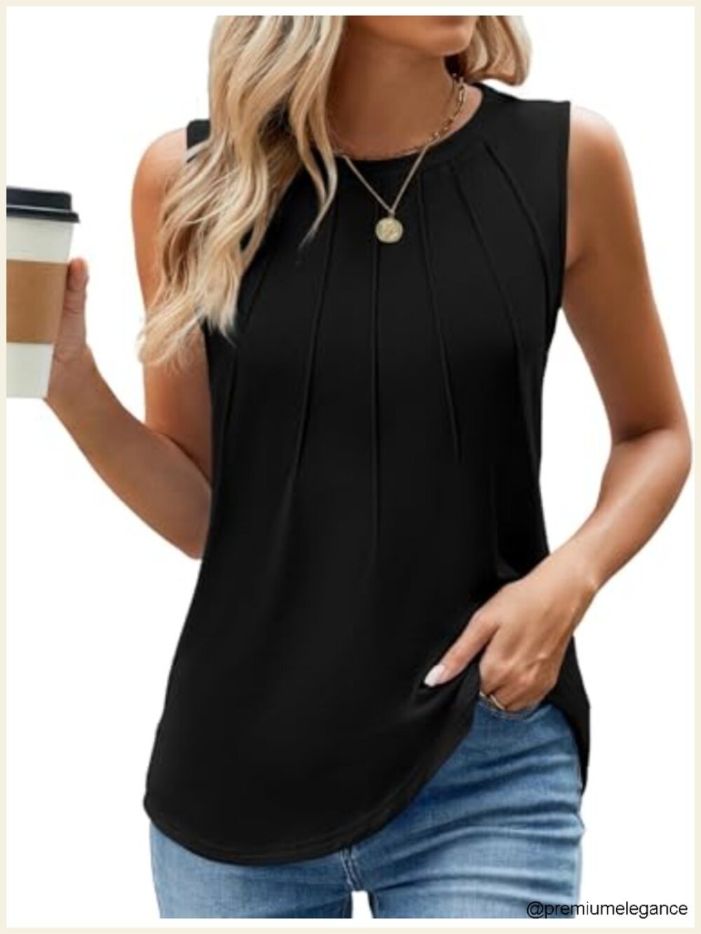 Pleated Tank Top Flowy Sleeveless Tunic Blouse Curved Hem